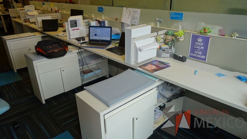 Lote 003 - Estación de trabajo lineal para 10 personas con 6 credenzas de un cajón con dos puertas y 4 archiveros de tres cajones - Imagen 6