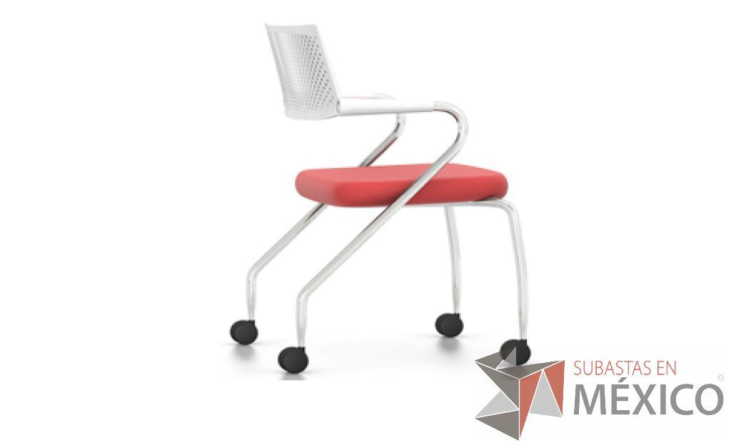 Lote 065 - Visaroll 2. Respaldo blanco de poliamida y asiento tapizado en tela color rojo, con estructura de acero tubular con ruedas.