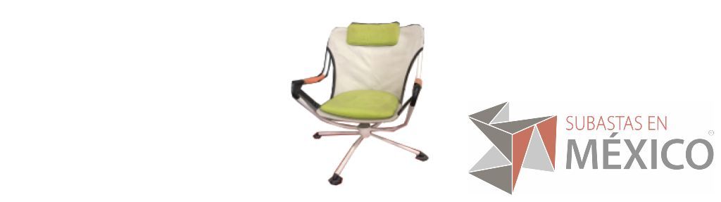 Lote 079 - Weaver. Con respaldo y asiento blanco con cojín verde, reposacabezas verde, estructura con brazos naranja y base metélica de 4 puntas con deslizadores.
