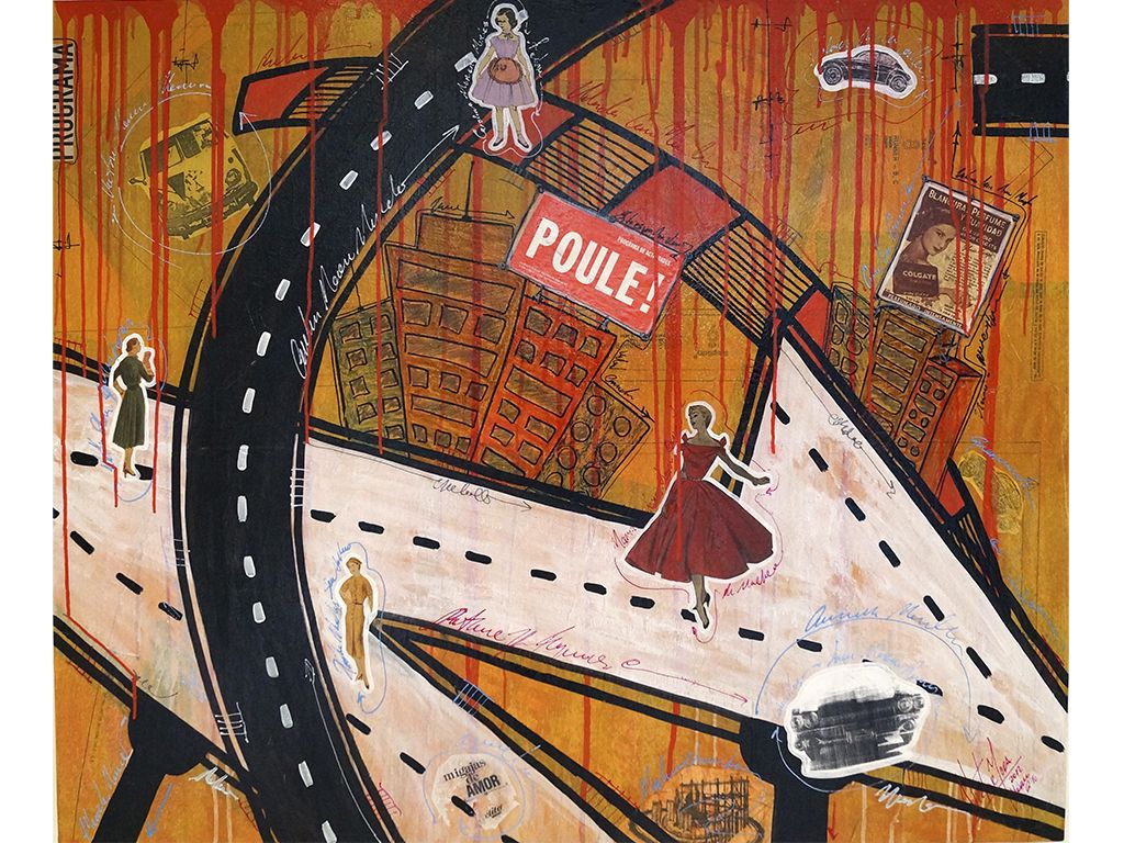 Lote 091 - Víctor Mora - Poule - Acrílico, Collage, tintas sobre tela