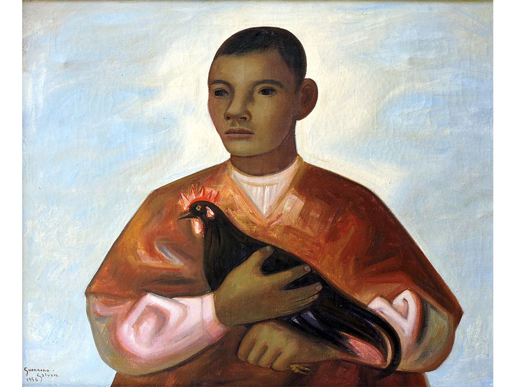 Lote 001 - Jesús Guerrero Galván - Niño con gallo - Óleo sobre tela