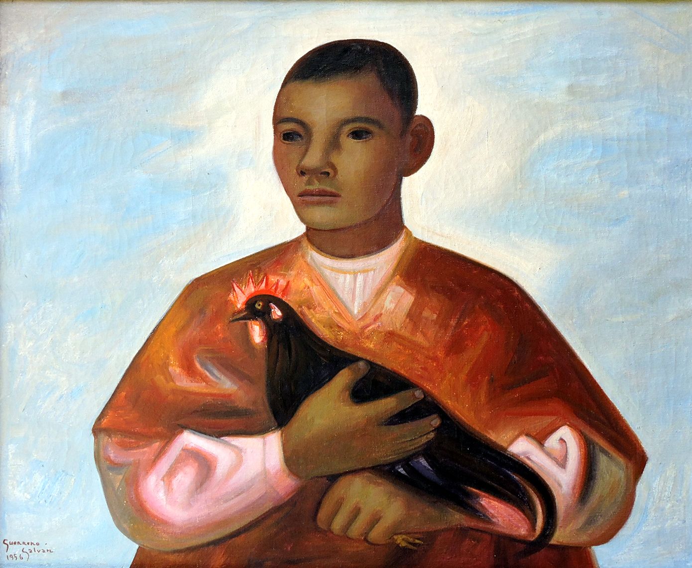 Lote 001 - Jesús Guerrero Galván - Niño con gallo - Óleo sobre tela - Imagen 2