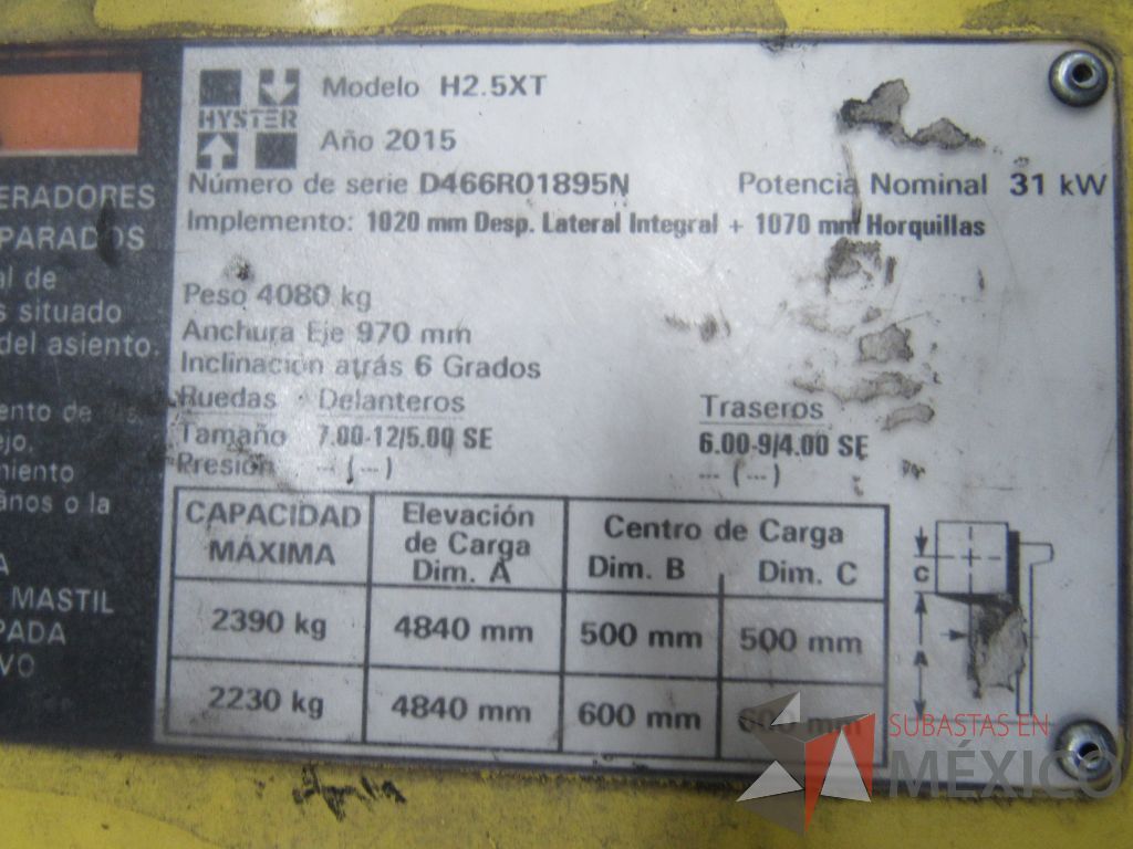 Lote 014 - Montacargas Hyster H2.5TX, Contrabalanceado, Combustión Diesel/Gas, Año 2015 - Imagen 18