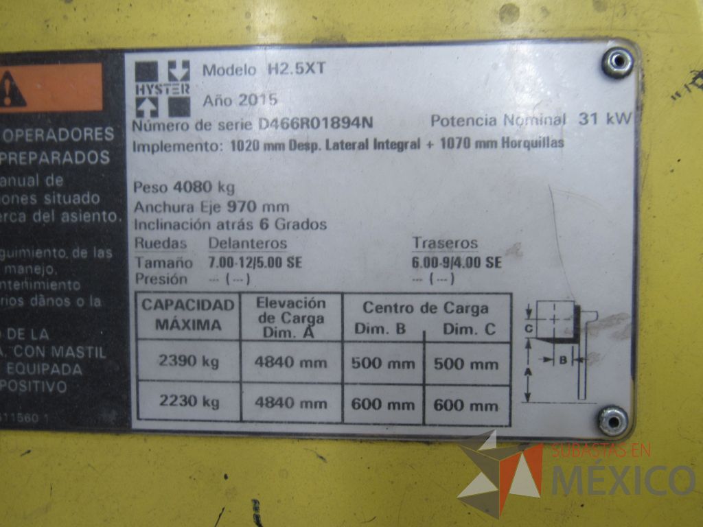 Lote 012 - Montacargas Hyster H2.5TX, Contrabalanceado, Combustión Diesel/Gas, Año 2015 - Imagen 26