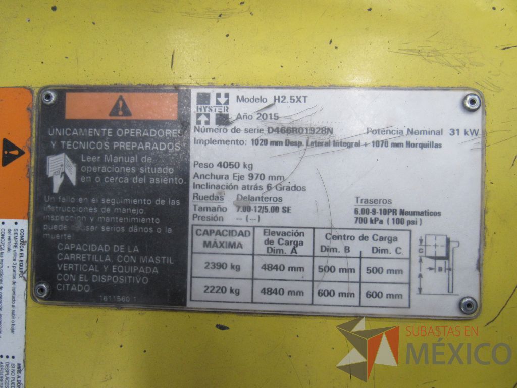 Lote 019 - Montacargas Hyster H2.5TX, Contrabalanceado, Combustión Diesel/Gas, Año 2015 - Imagen 16