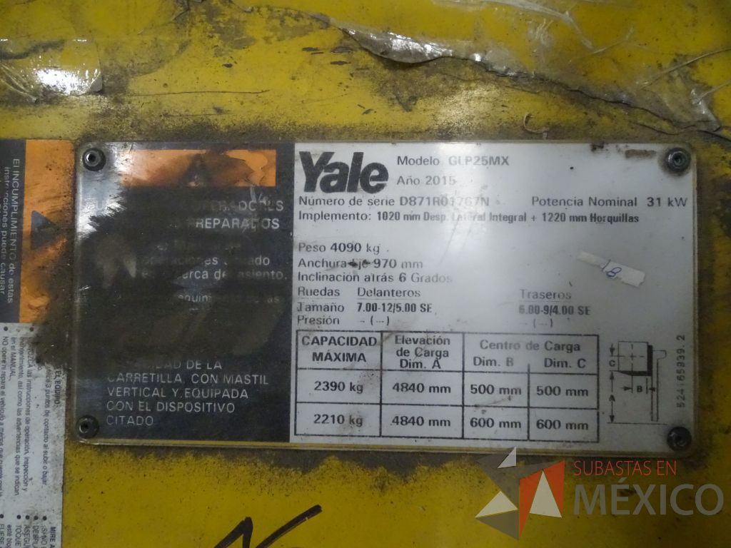 Lote 013 - Montacargas Yale GLP25RK-21L, Gas, Año 2015 - Imagen 11