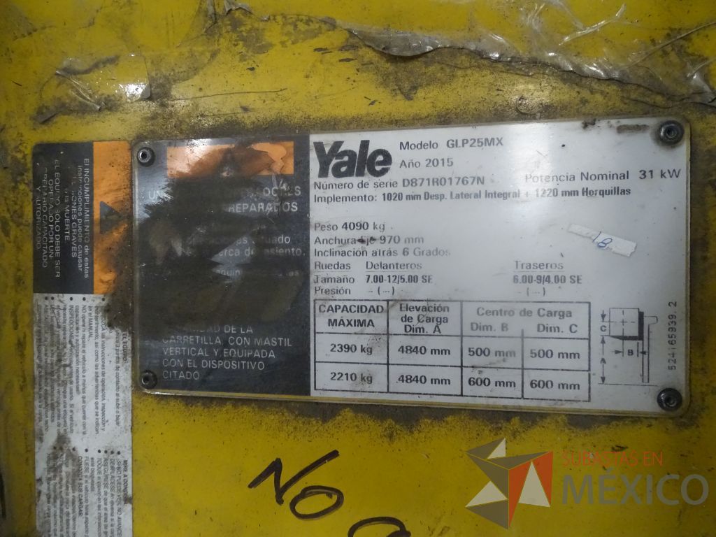 Lote 013 - Montacargas Yale GLP25RK-21L, Gas, Año 2015 - Imagen 12