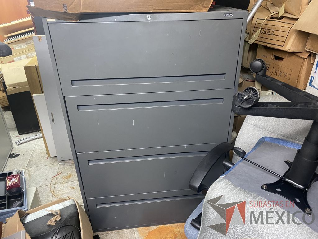Lote 378e - Archivero metálico horizontal de 3 cajones y 1 gaveta color gris