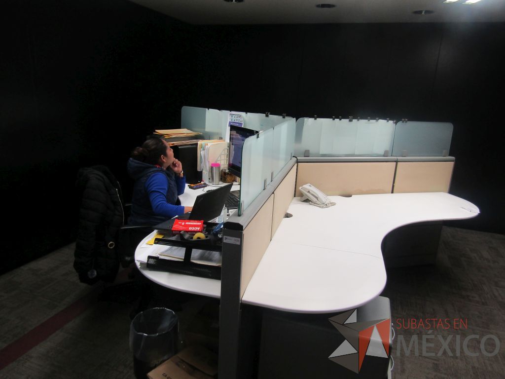 Lote 017 - Estación de trabajo para 3 personas con mampara alta con division de vidrio, 3 archiveros de metal de 2 cajones de ruedas - Imagen 7