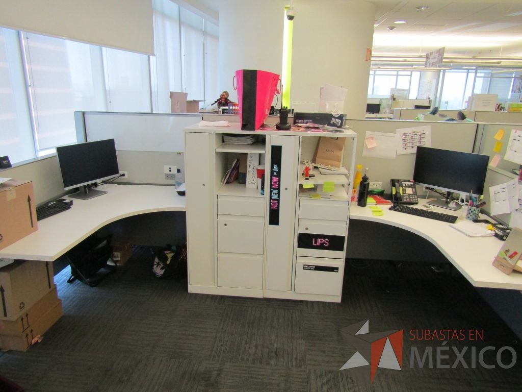 Lote 038 - Estación de trabajo para 10 personas de mampara baja con 10 gabinetes altos metálicos color blanco - Imagen 8
