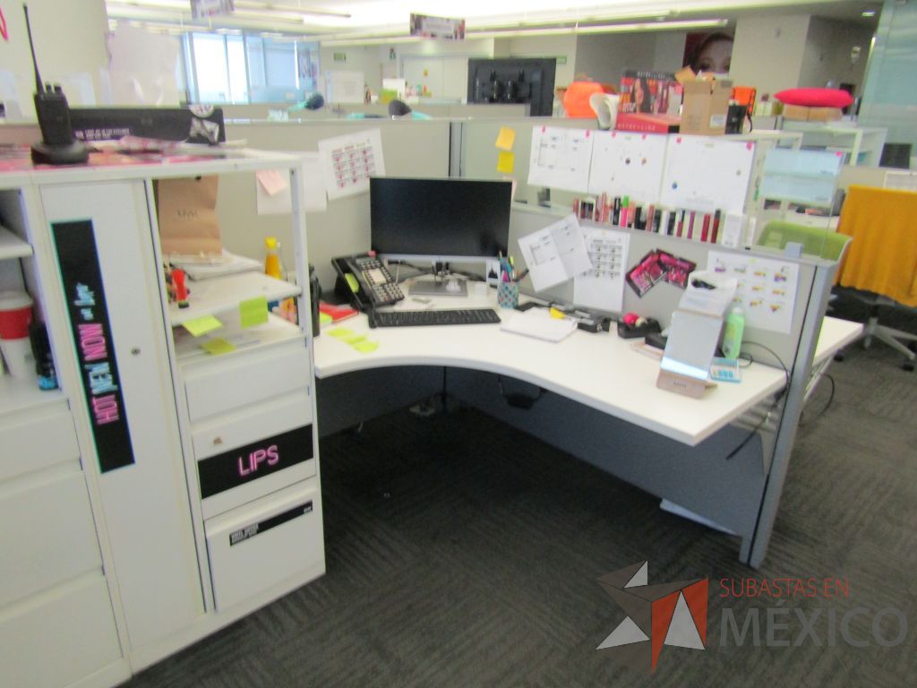 Lote 038 - Estación de trabajo para 10 personas de mampara baja con 10 gabinetes altos metálicos color blanco - Imagen 12
