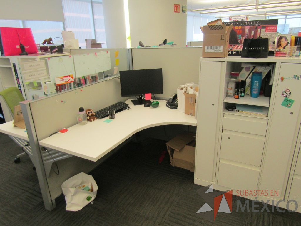 Lote 038 - Estación de trabajo para 10 personas de mampara baja con 10 gabinetes altos metálicos color blanco - Imagen 14