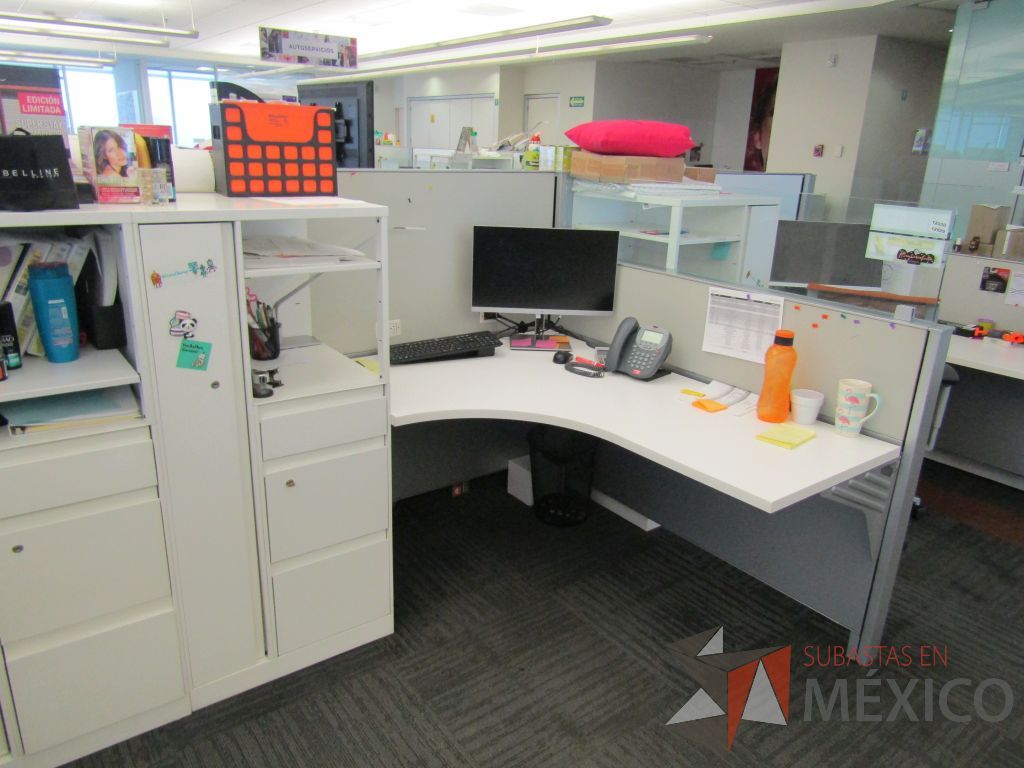 Lote 038 - Estación de trabajo para 10 personas de mampara baja con 10 gabinetes altos metálicos color blanco - Imagen 15