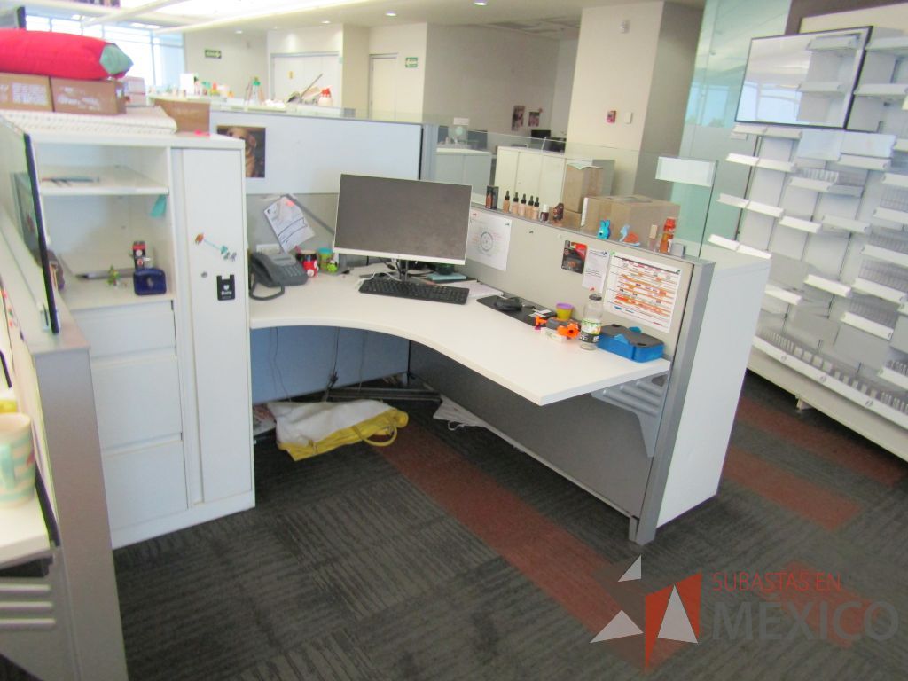 Lote 038 - Estación de trabajo para 10 personas de mampara baja con 10 gabinetes altos metálicos color blanco - Imagen 16