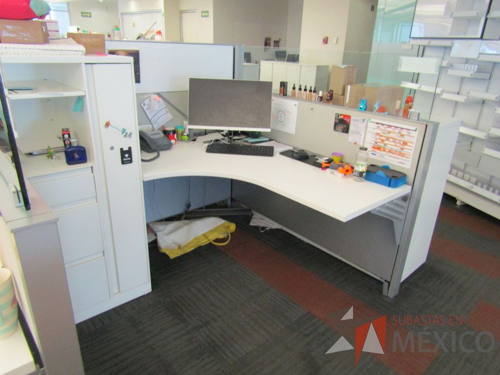Lote 038 - Estación de trabajo para 10 personas de mampara baja con 10 gabinetes altos metálicos color blanco - Imagen 17