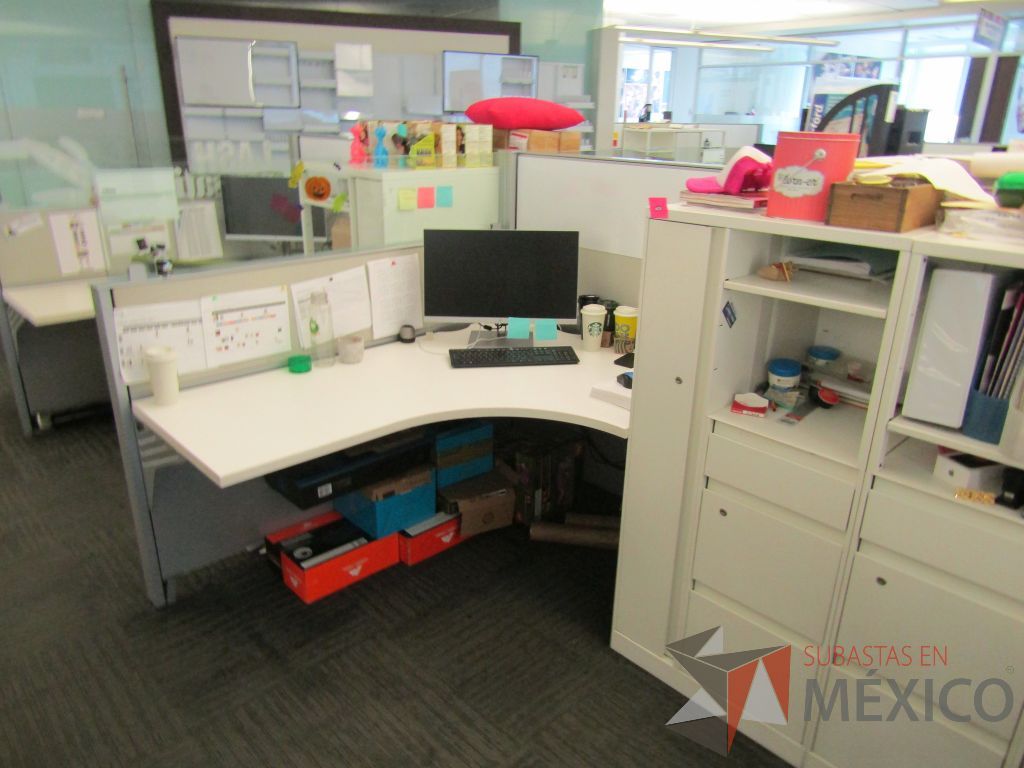 Lote 038 - Estación de trabajo para 10 personas de mampara baja con 10 gabinetes altos metálicos color blanco - Imagen 19