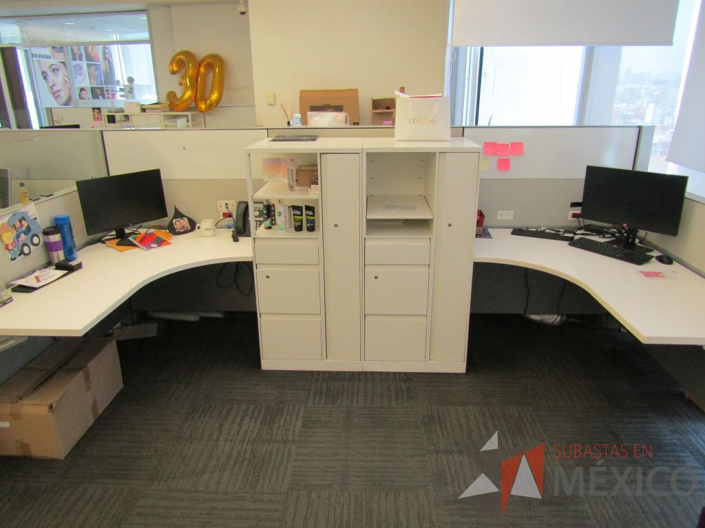 Lote 039 - Estación de trabajo para 8 personas de mampara baja con 8 gabinetes altos metálicos color blanco - Imagen 3