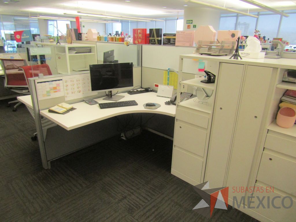 Lote 017 - Estación de trabajo para 9 personas con 9 gabinetes altos metálicos color blanco. - Imagen 17