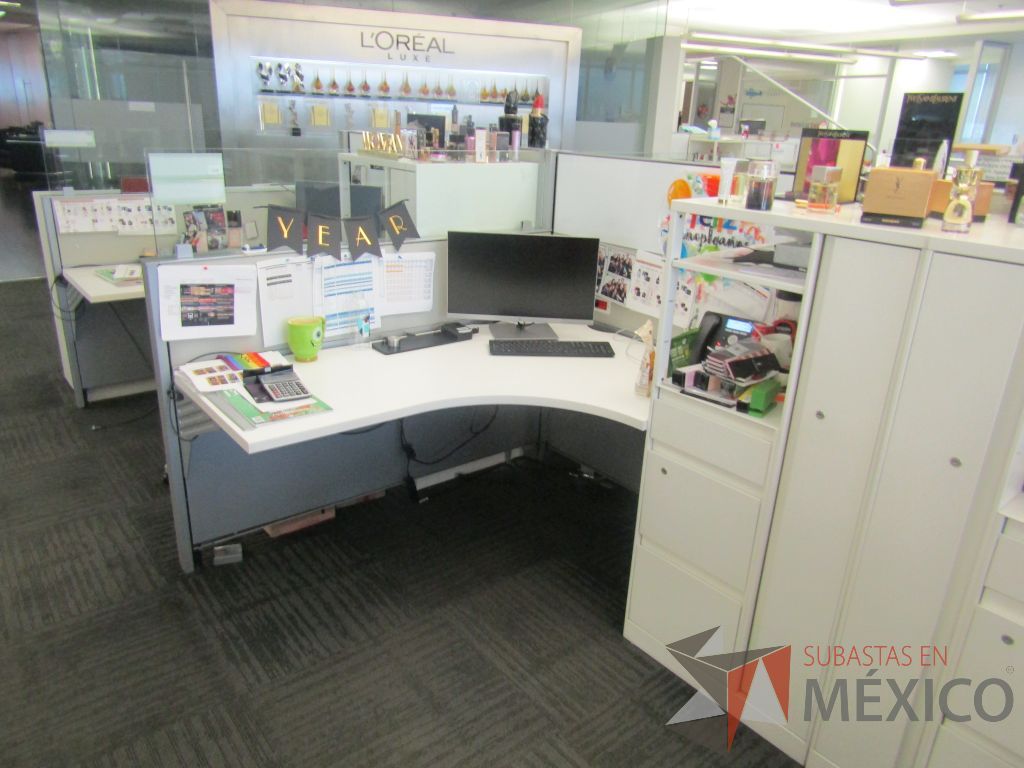 Lote 020 - Estación de trabajo para 9 personas de mampara baja con 9 gabinetes altos metálicos color blanco - Imagen 6