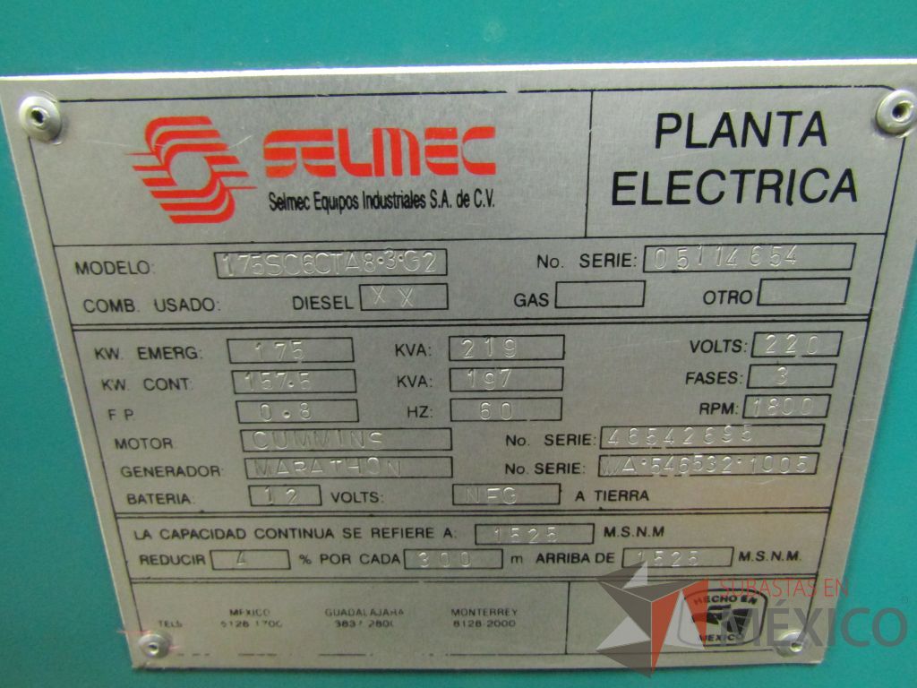 Lote 002 - Planta de emergencia Selmec con Motor Cummins, 175 KW, 219 KVA - Imagen 50