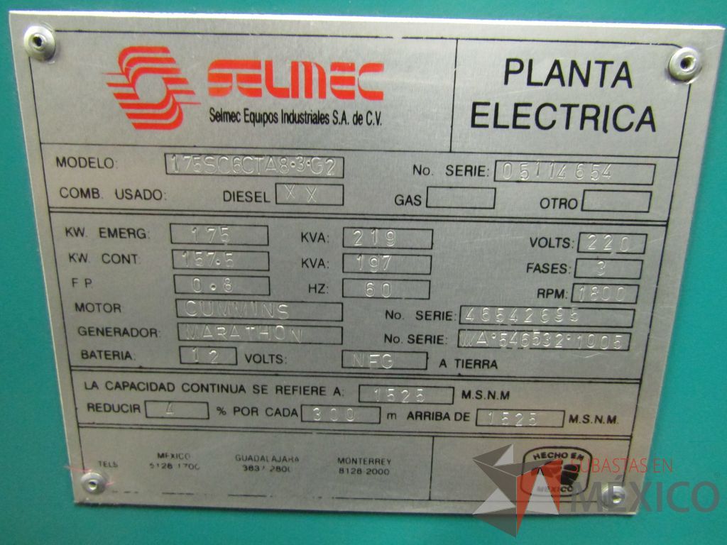 Lote 002 - Planta de emergencia Selmec con Motor Cummins, 175 KW, 219 KVA - Imagen 34