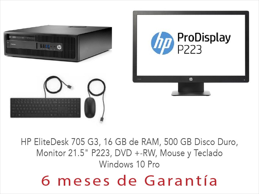 Lote 006 - HP EliteDesk 705 G3, 16 GB RAM, 500 GB HDD, Monitor 21.5″, DVD +-RW, Teclado Mouse, Windows 10 Pro