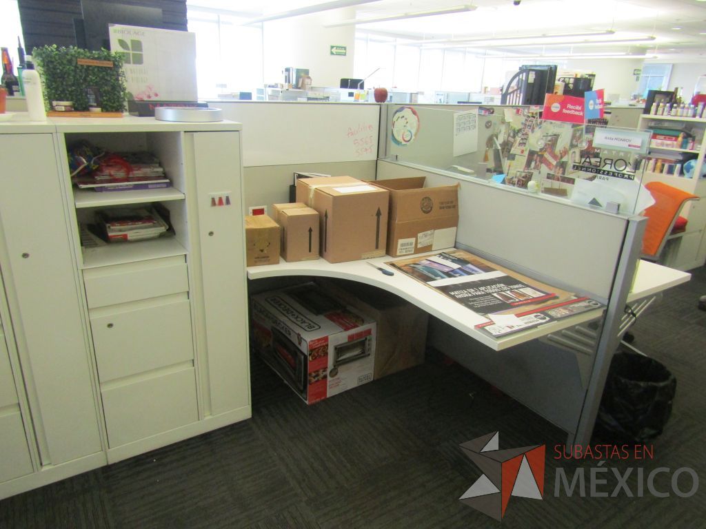 Lote 322 - Estación de trabajo para 9 personas de mampara baja con 9 gabinetes altos metálicos color blanco - Imagen 16