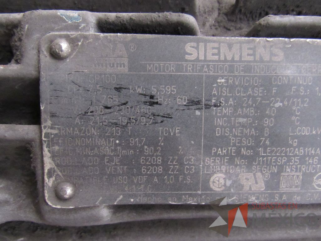 Lote 011 - Motor Trifasico de induccion cerrado CP: 7.5, FW: 5,595 Hz: 60 - Imagen 4