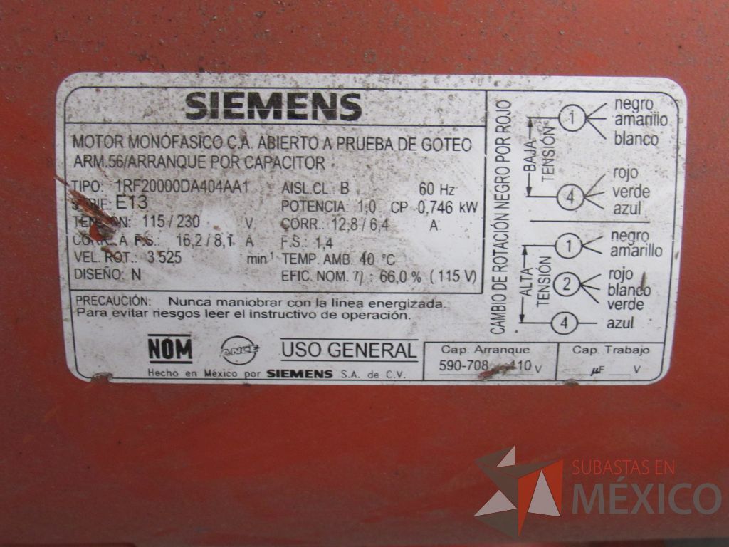 Lote 015 - Motor monofásico 60 Hz, Marca: SIEMENS, Modelo: 1RF20000DA404AA1 - Imagen 8