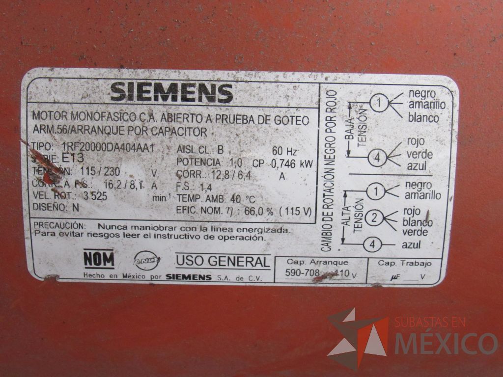 Lote 015 - Motor monofásico 60 Hz, Marca: SIEMENS, Modelo: 1RF20000DA404AA1 - Imagen 9