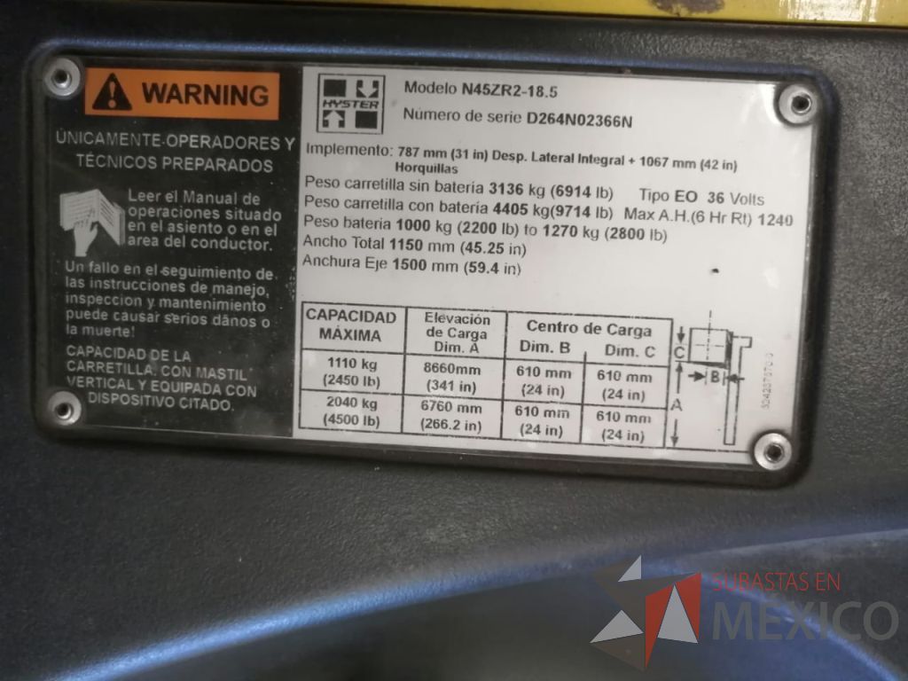 Lote 005 - Montacargas Eléctrico, Hyster N45ZR2-18.5, Año: 2015 - Imagen 14