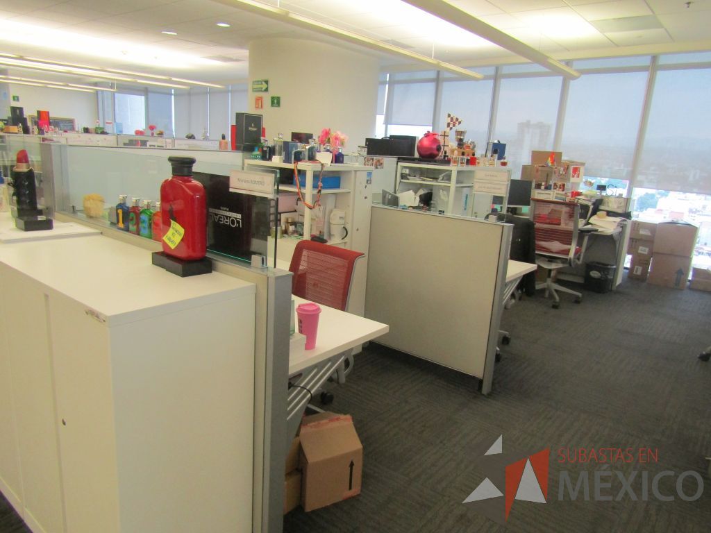 Lote 001 - Estación de trabajo para 6 personas de mampara baja con 6 gabinetes altos metálicos color blanco. - Imagen 2