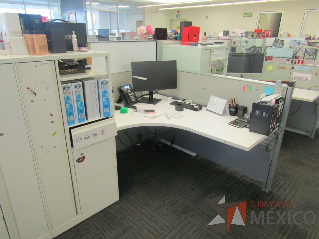 Lote 001 - Estación de trabajo para 6 personas de mampara baja con 6 gabinetes altos metálicos color blanco. - Imagen 6