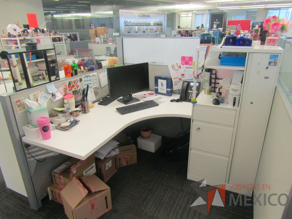 Lote 001 - Estación de trabajo para 6 personas de mampara baja con 6 gabinetes altos metálicos color blanco. - Imagen 8