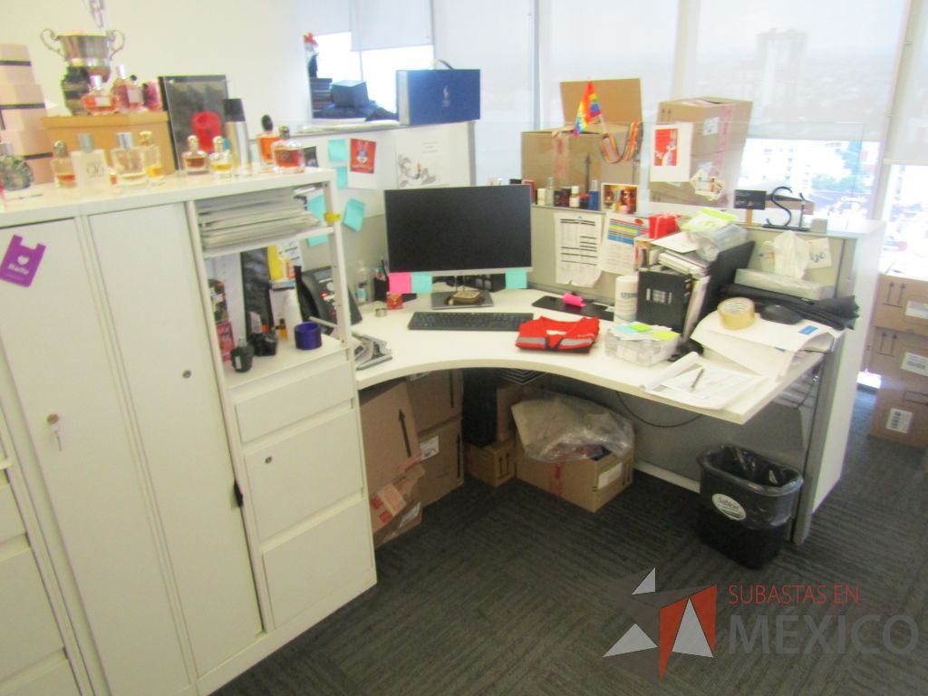 Lote 001 - Estación de trabajo para 6 personas de mampara baja con 6 gabinetes altos metálicos color blanco. - Imagen 10