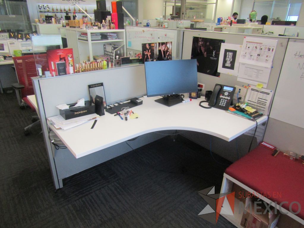 Lote 007 - Estación de trabajo para 9 personas de mampara baja con 9 gabinetes altos de 3 cajones, 1 puerta y 1 entrepaño color blanco. - Imagen 5