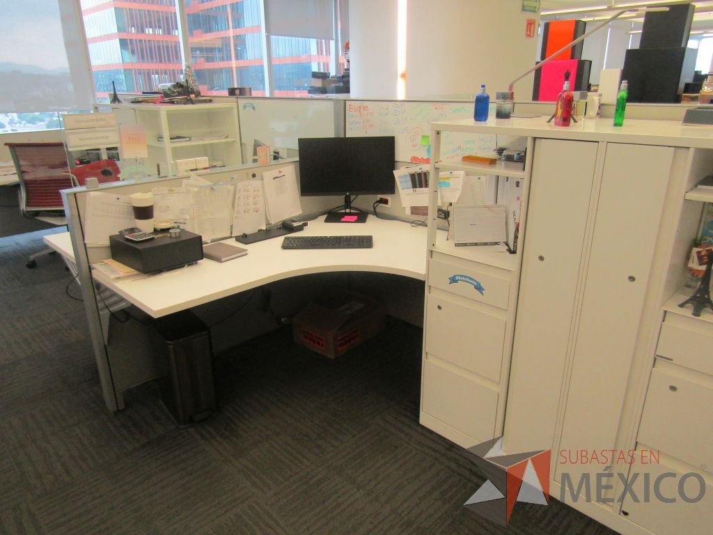 Lote 007 - Estación de trabajo para 9 personas de mampara baja con 9 gabinetes altos de 3 cajones, 1 puerta y 1 entrepaño color blanco. - Imagen 14