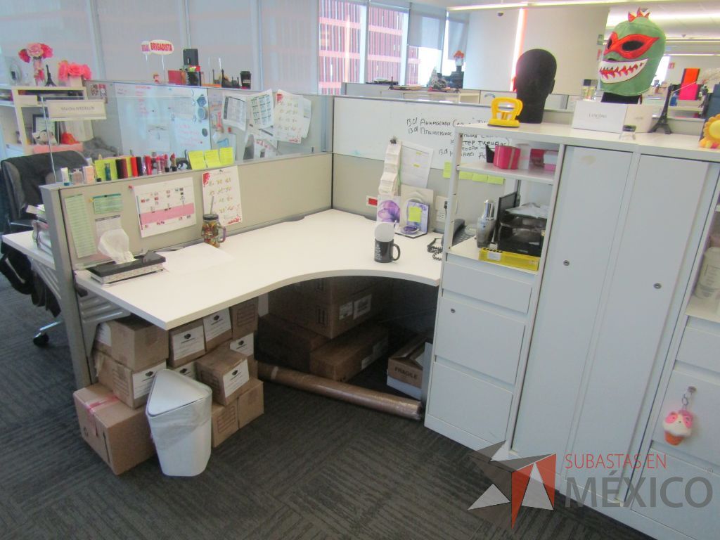 Lote 013 - Estación de trabajo para 7 personas con 7 gabinetes altos de 3 cajones, 1 puerta, 1 entrepaño color blanco, 1 credenza de 1 cajón,1 espacio para documentos y cojín de tela color rojo. - Imagen 13