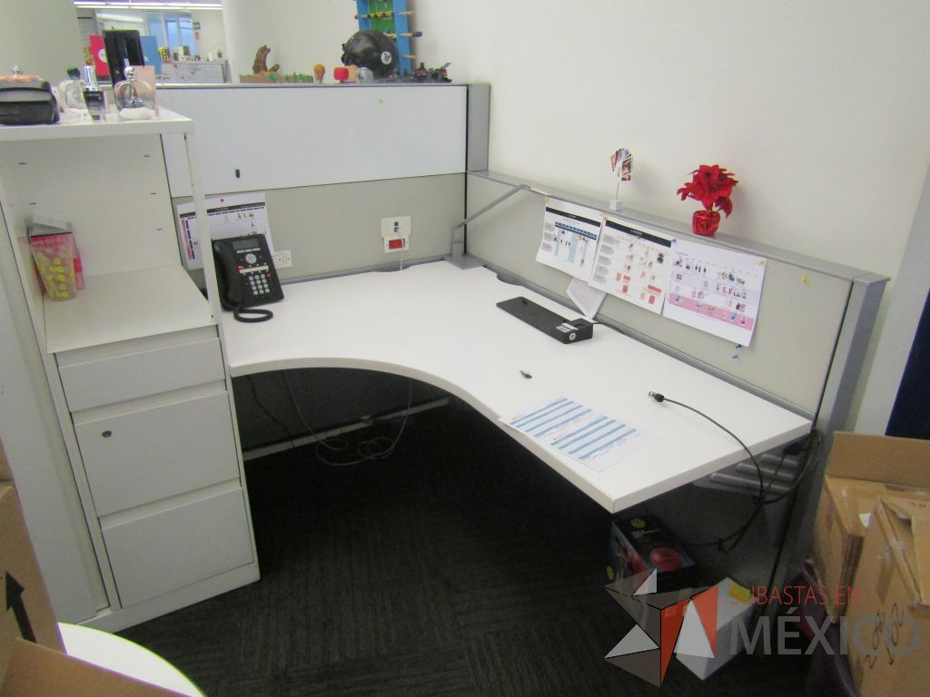 Lote 038 - Estación de trabajo para 5 personas con 5 gabinetes altos de 3 cajones, 1 puerta y 1 entrepaño color blanco, 1 credenza de 1 cajón,1 espacio para documentos y cojín de tela color rojo. - Imagen 11