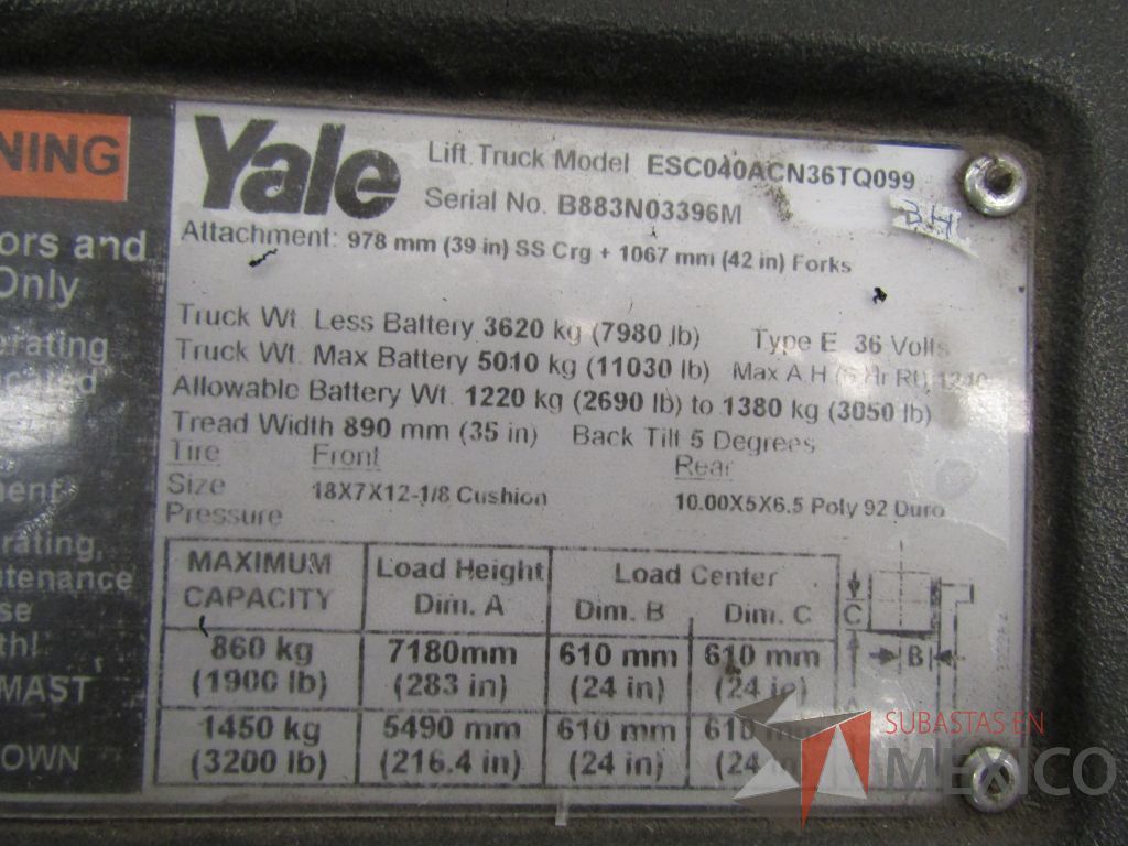 Lote 019 - Montacargas eléctrico YALE ESC040ACN36TQ099, Año: 2015 - Imagen 12