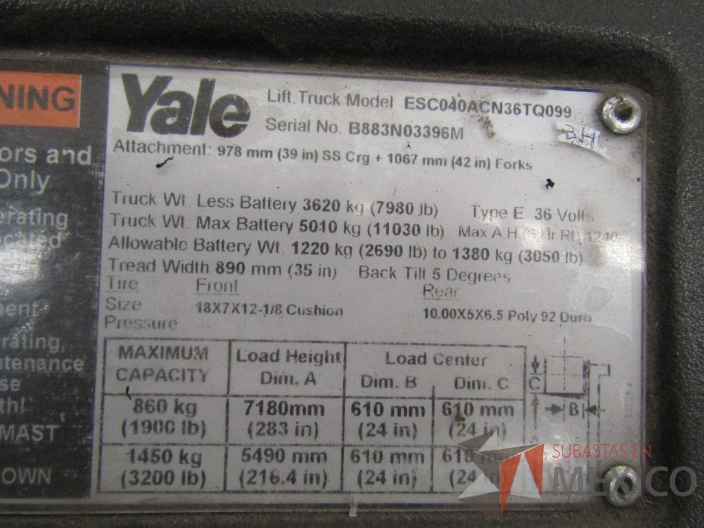 Lote 019 - Montacargas eléctrico YALE ESC040ACN36TQ099, Año: 2015 - Imagen 13
