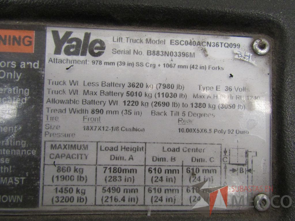 Lote 019 - Montacargas eléctrico YALE ESC040ACN36TQ099, Año: 2015 - Imagen 14