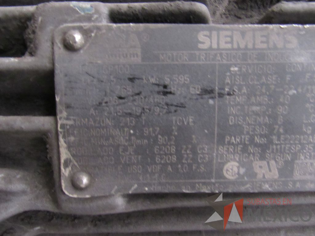 Lote 042 - Motor trifásico de inducción cerrado CP: 7.5, FW: 5,595, Hz:60 SIEMENS, Modelo G100 - Imagen 7