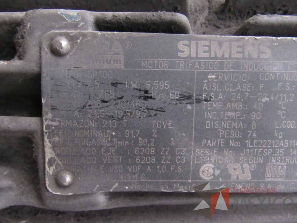 Lote 042 - Motor trifásico de inducción cerrado CP: 7.5, FW: 5,595, Hz:60 SIEMENS, Modelo G100 - Imagen 9