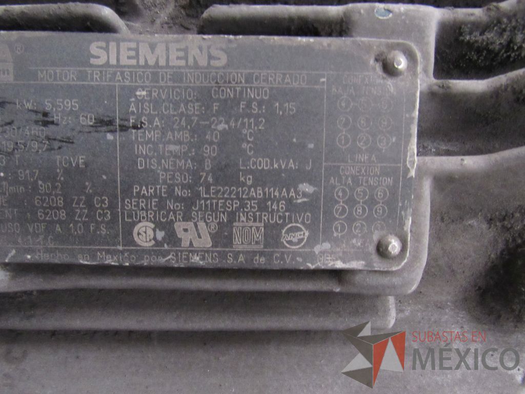 Lote 042 - Motor trifásico de inducción cerrado CP: 7.5, FW: 5,595, Hz:60 SIEMENS, Modelo G100 - Imagen 10