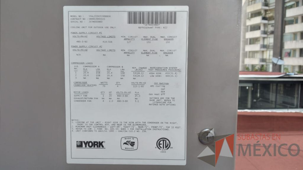 Lote 001 - Aire acondicionado YORK, Modelo: YPAL050CFC46BBDX, 50 TR, con 4 ventiladores. - Imagen 90