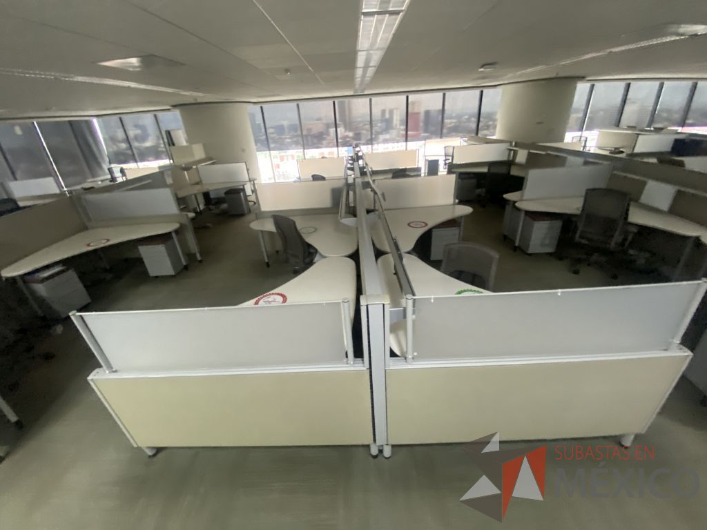 Lote 0209 - Estación de trabajo para 12 personas con cubiertas mampara metálica color beige y 12 archiveros móviles de 2 cajones