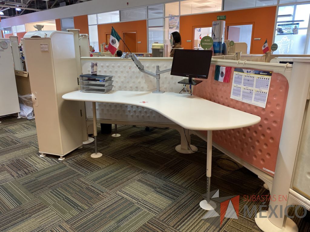 Lote 034 - Estación de trabajo para 20 personas con cubiertas curvas recargadas sobre la mampara, 18 gabinetes altos con 2 puertas y 4 archiveros verticales de 2 cajones - Imagen 6