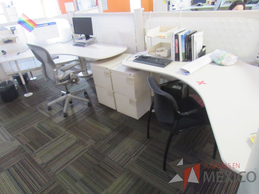 Lote 034 - Estación de trabajo para 20 personas con cubiertas curvas recargadas sobre la mampara, 18 gabinetes altos con 2 puertas y 4 archiveros verticales de 2 cajones - Imagen 11