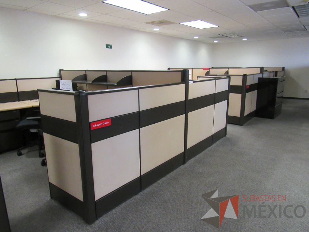 Lote 022 - Estación de trabajo de mampara metálica color beige para 11 personas con 9 repisas y 10 archiveros de pedestal de 3 cajones - Imagen 4